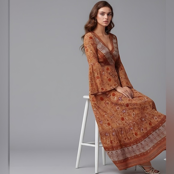 Boho Floral Print Bell Sleeve Tie Front Wrap Dress - Picture 10 of 13